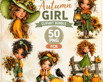 Whimsical Autumn Girl Clipart Bundle, Cute Watercolor Fall Girls, Pumpkins, Cozy Coffee, Leaves & Boho Autumn Graphics, Instant Download,