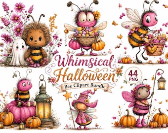Whimsical Halloween Bee Clipart Bundle PNG, Cute Pink Bee Halloween Clipart, Fairy Bee PNG, Ghost Bee Clipart, Fall Bee Sublimation