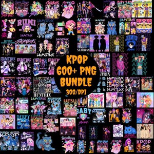 Peut inclure: Un ensemble de graphiques PNG sur le thème de la KPOP, présentant divers designs et illustrations. L'image comprend le texte "KPOP 600+ PNG BUNDLE 300/DPI". Les graphiques affichent différents styles et couleurs, sur fond noir.