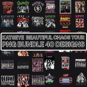 Peut inclure: Un ensemble de 40 motifs PNG mettant en vedette le groupe KATSEYE. Les motifs comprennent des affiches de tournée, des photos de groupe et des graphiques stylisés. Le texte "KATSEYE BEAUTIFUL CHAOS TOUR PNG BUNDLE 40 DESIGNS" est affiché en évidence.