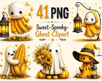 Sweet Spooky Ghost Clipart Bundle PNG, Cute Watercolor Boo Ghosts, Pumpkin, Witch Hat & Halloween Graphics, Instant Download,