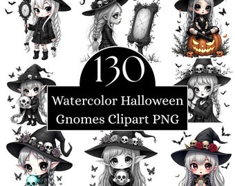 Watercolor Halloween Gnome Clipart: Spooky Gothic Graphics (Digital Download)