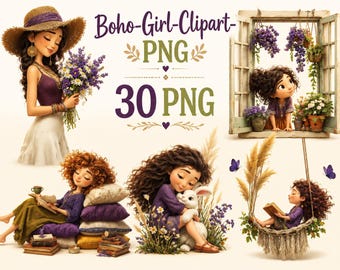 Boho Girl Clipart PNG Bundle, Cute Watercolor Bohemian Girl, Floral Neutral Aesthetic Graphics, Instant Download, Commercial Use, 300 DPI
