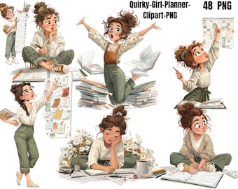 Quirky Girl Planner Clipart Bundle PNG Cute Planner Girl Watercolor Clipartl and Graphics Planer Sticker PNG Commercial Use Digital Download