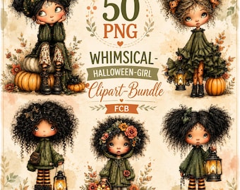 Whimsical Halloween Girl Clipart Bundle PNG, Cute Watercolor Witch Girls, Ghost, Pumpkin, Black Cat & Bat Clipart, Instant Download,