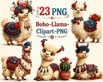 Boho Llama Clipart PNG Bundle, Cute Watercolor Bohemian Llama, Floral Desert Animal Graphics, Instant Download, Commercial Use, 300 DPI