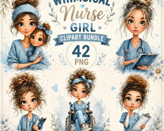 Whimsical Nurse Girl Clipart Bundle, Cute Watercolor Nurse Characters, Medical Scrubs, Stethoscope & Healthcare Graphics, Instant Download,
