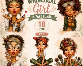 Whimsical Girl Clipart Bundle PNG, Cute Watercolor Girls, Boho Floral Fashion Characters, High-Resolution Digital Clipart, Instant Download,