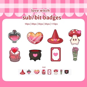 Set magische heksenbadge Love Pink | Leuke magische kleurrijke Twitch-sub/bit-badges | Pictogrammen kanaalpunten | YouTube TikTok Discord-rollen