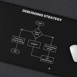 May include: Black rectangular mousepad with the text "DEBUGGING STRATEGY" and a flowchart. The flowchart includes steps like "Google it" and "Try something random." A white mouse and a cup of coffee are also visible.