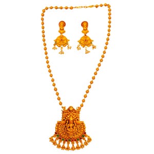 Devi Ratna Temple Jewellery Set | Gold Plated Necklace & Earrings | Handcrafted Indian Bridal Jewelry for Weddings, Festivals Dance