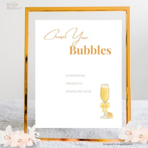Letrero editable "Elige tus burbujas" / Letrero de bar de mimosa cítrica / Menú de bebidas para brunch / Champán de naranja