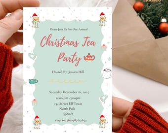 Christmas Tea Party Invitation | Holiday Invite Template | Editable Canva Invitation |  Instant Download