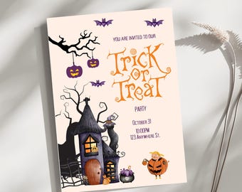 May include: Halloween party invitation with a spooky house, bats, and pumpkins. The text reads "Trick or Treat" with party details: October 31, 10:00 PM, and 123 Anywhere St. The design features a cartoonish style.