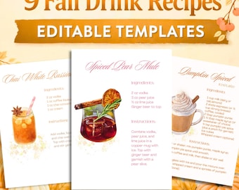 Fall Drink Recipe Cards Template | Editable Canva Cocktail & Mocktail | Autumn Party Menu | Instant Download