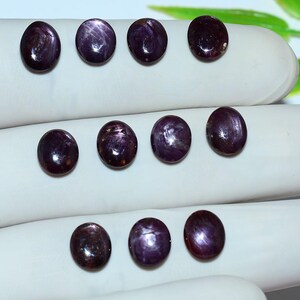 May include: A collection of eleven oval-shaped, cabochon-cut star rubies. Each gemstone displays a deep, dark reddish-purple hue with a visible asterism, or star-like light reflection, on the polished, smooth, and rounded surface of the stones.