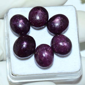 May include: Five oval-shaped, deep purple cabochon gemstones arranged in a circular pattern inside a square white display box. Each stone features a smooth, polished surface with subtle internal inclusions and a reflective, glossy finish.