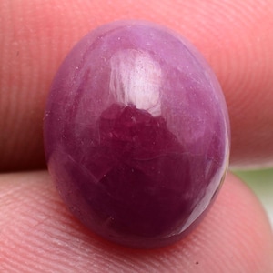 May include: A polished, oval ruby gemstone. The gem is a deep, saturated pinkish-red colour with a smooth, reflective surface. The stone is held between fingers, showcasing its size and shape.
