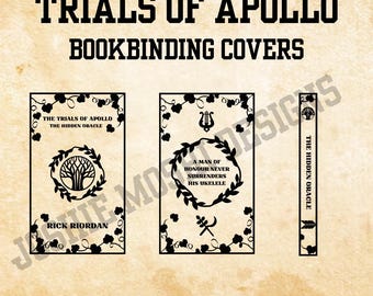 Könnte beinhalten: Schwarz-weiße Buchbinde-Cover für die Serie "The Trials of Apollo". Das Design umfasst Text, florale Elemente und den Namen des Autors. Die Cover sind für das Buch "The Hidden Oracle". Das Bild gibt auch an, dass es SVG- und PNG-Dateien enthält.