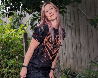 Black Tie Dye Heart Logo Upcycled T-Shirt | bleach | tie dye | heart | swirl | black | repurposed | upcycle | recycle
