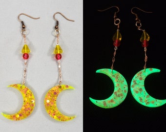 Yellow Crescent Moon with Pink and Orange Glitter Glowing Dangly Earrings | decora | unique | glow in the dark | gift | crescent | Pink