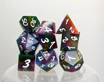 Rainbow Shadow | Nine Dice Sharp Edged DND Set | DND | rainbow dice | blue | green | sharp edge | gift | unique | purple | orange | red