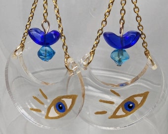 Hand-Painted Evil Eye Earrings: Sterling Silver, Resin, Blue Beads