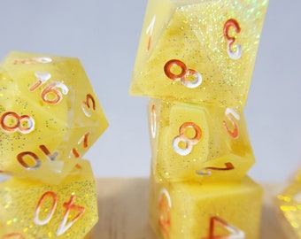 Orange Creamsicle Glittery Seven Resin Dice Sharp Edge DND Set