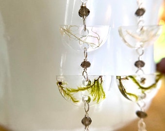 Fine Silver Earrings with real moss and lichen | Silver | resin | smokey quartz | nature jewelry | sterling silver | unique | moss | lichen