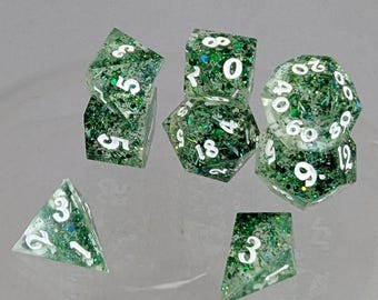 Green Glitter Sharp Edge Dice Set: Handmade Resin DND Dice, mini