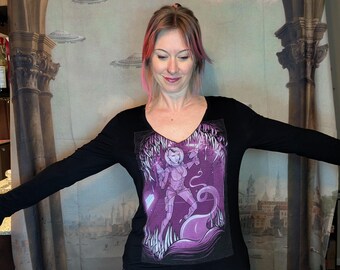 Upcycled Monster Mouth Long Sleeve Top | Embroidered Space Explorer, Medium