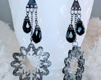 Glitter Snowflake Dangle Earrings: Black Crystal Goth Jewelry