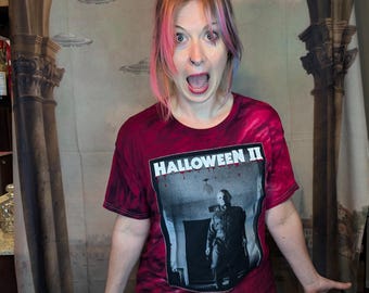 Halloween II red tie dye t-shirt | embroidery | red | horror movie | top | fashion | unique | handmade | cotton | blood | Michael Myers