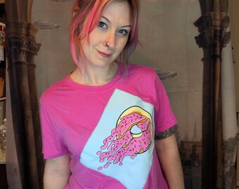 Upcycled Pink Donut T-Shirt | Embroidered Sprinkles, Large