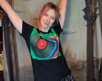 Upcycled Record Player T-Shirt | Embroidered Music Notes, Handmade