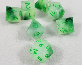 Handmade Resin DND Dice Set | Sharp Edge, Fluorescent Green Number | House Margarita