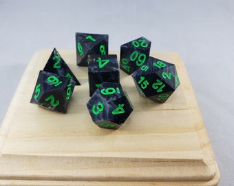 Black and White Marbled Seven Dice DND Set with Neon Green Numbers