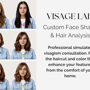 Puede incluir: La imagen muestra un servicio de análisis capilar, con mujeres con diferentes peinados y colores de cabello. Se muestra el texto "VISAGE LAB: Custom Face Shape & Hair Analysis", junto con una descripción del servicio.