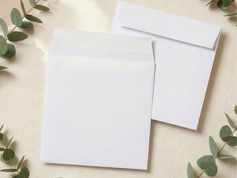 May include: Two square white paper envelopes with a straight flap design. One envelope is positioned with the flap open, revealing a strip of adhesive, while the second envelope is placed behind it with the flap folded down in a closed position.