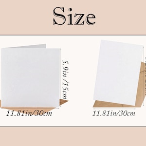 May include: Two white folded greeting cards with brown envelopes. The left card measures 5.9 inches by 11.81 inches. The right card measures 8.26 inches by 11.81 inches. The text "Size" is displayed at the top of the image above the two cards.