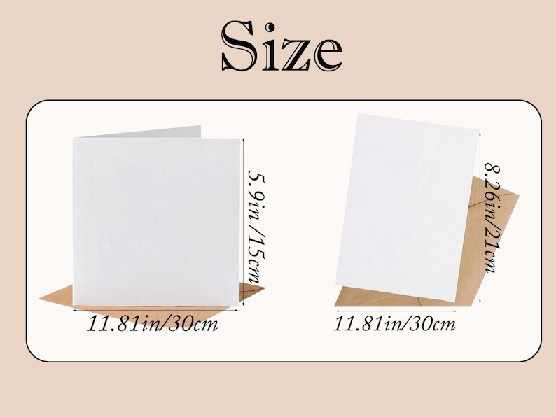 May include: Two white folded greeting cards with brown envelopes. The left card measures 5.9 inches by 11.81 inches. The right card measures 8.26 inches by 11.81 inches. The text "Size" is displayed at the top of the image above the two cards.