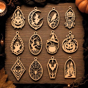Halloween örhängen SVG-paket, kusliga laserskurna träörhängen laserskurna, spökörhängen Svg, häxhattörhängen, söt spökpumpa
