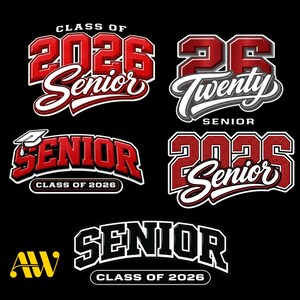 May include: A collection of graduation-themed designs in red, white, and black. The designs include the words "Senior" and "Class of 2026" in various fonts and styles. The background is black.