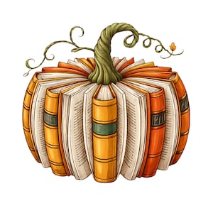 Puede incluir: Ilustración caprichosa de una calabaza hecha de libros abiertos. El cuerpo de la calabaza está formado por las páginas de los libros, con los lomos orientados hacia afuera en tonos naranja y amarillo. Una vid y un tallo verdes coronan la calabaza.