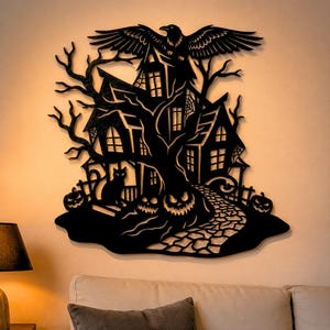 Halloween spookhuis SVG PNG, Halloween lasergesneden bestand, Spooky Crow kunst aan de muur, Spooky Haunted House, Halloween Tree Svg