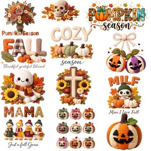 May include: A collection of fall-themed crochet designs. Includes pumpkins, a skull, a ghost, a cross, and a bouquet of flowers. Text includes "Pumpkin Season", "FALL", "COZY season", "MAMA", "MILF", and "Just a fall Goose".