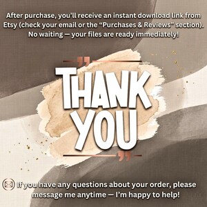 May include: A digital graphic with the words "THANK YOU" in large white letters. The text is set against a watercolor-style background with brown and beige tones. Additional text at the top and bottom provides information about the purchase.