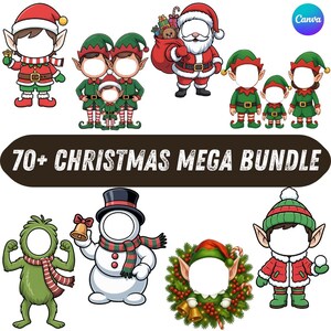 Puede incluir: Una colección de personajes navideños de dibujos animados, incluyendo a Papá Noel, elfos, un muñeco de nieve y una figura verde parecida al Grinch. La imagen incluye el texto "70+ CHRISTMAS MEGA BUNDLE". Cada personaje tiene una cara en blanco para insertar fotos.