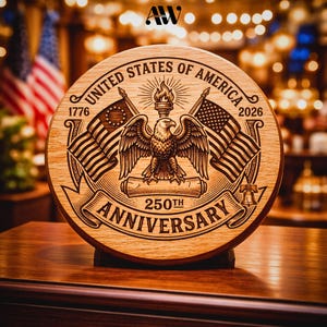 Peut inclure: Plaque en bois rond gravé avec l'inscription "United States of America" et "250th Anniversary". Il présente un aigle, des drapeaux et les années 1776 et 2026. Le design est gravé dans le bois.