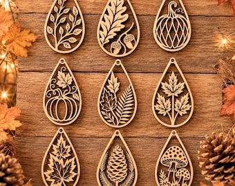Fall Earring SVG Bundle, Autumn Teardrop Earrings Laser Cut File, Thanksgiving Wooden Keychain SVG Glowforge, Pumpkin Leaf Mushroom Vector